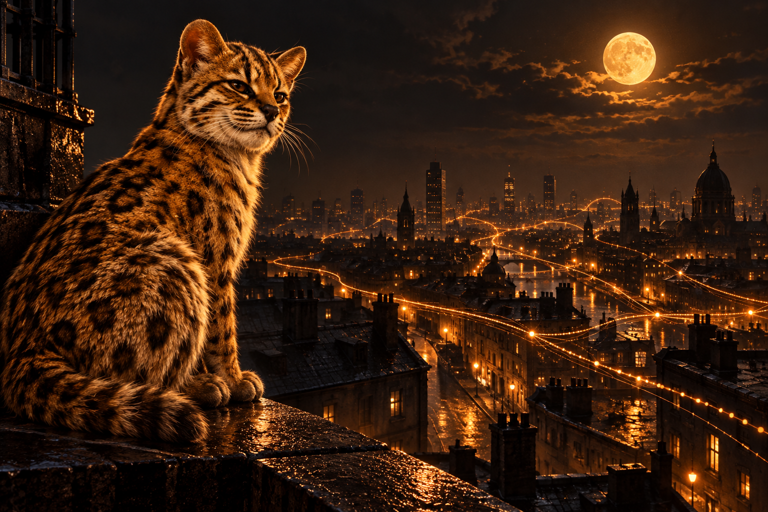GIGA TIGRINO watching glowing signals cross a city at night